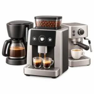 Filterkaffeemaschine, Kaffeevollautomat und Espressomaschine als 3D-Illustration