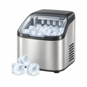 Eiswürfelbereiter mit Eiswürfeln im Behälter und davor als 3D-Illustration