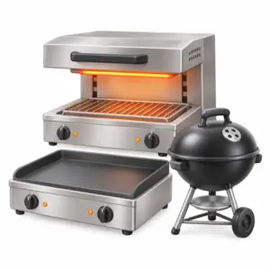 Salamander, Grillplatte und Kugelgrill als 3D-Illustration