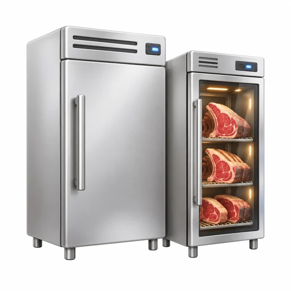 Gastronomiekühlschrank und Fleischreifeschrank mit Glastür als 3D-Illustration