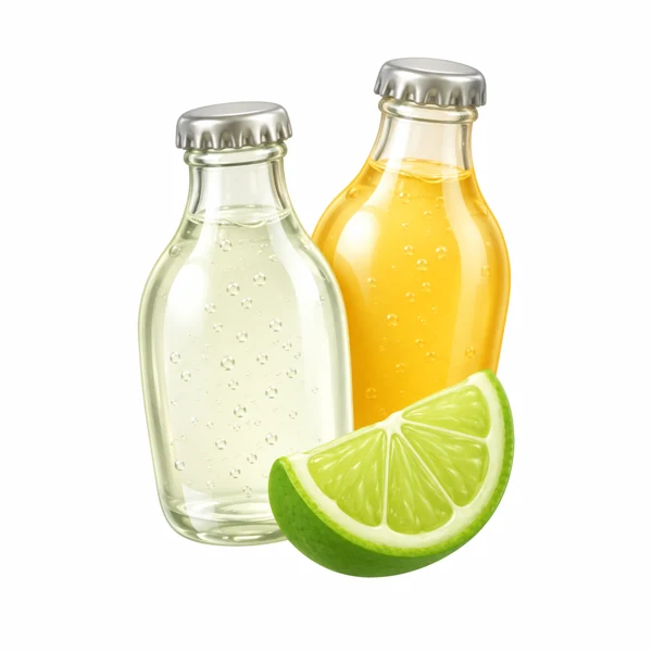 Zwei Limonadenflaschen mit Limettenspalte als 3D-Illustration