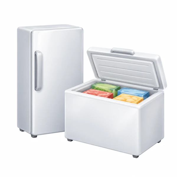 Tiefkühlschrank und geöffnete Gefriertruhe mit Lebensmittelpackungen als 3D-Illustration