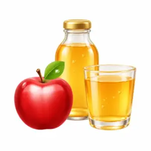 Apfelsaftflasche und Saftglas neben rotem Apfel als 3D-Illustration