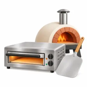 Elektrischer Pizzaofen und Kuppelofen mit Pizzaschaufel als 3D-Illustration