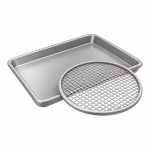 Metall-Backblech und rundes Pizzagitter als 3D-Illustration