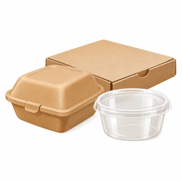 Takeaway-Box, Feinkostbecher und Pizzakarton als 3D-Illustration