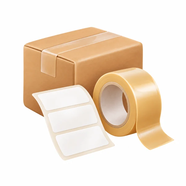 Versandkarton, Klebeband und Versandtasche als 3D-Illustration