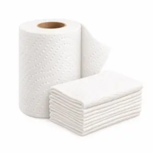 Papierhandtuchrolle und gefaltete Papierhandtücher als 3D-Illustration