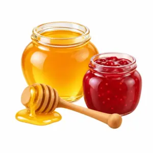 Honigglas, Fruchtaufstrich und Honiglöffel als 3D-Illustration