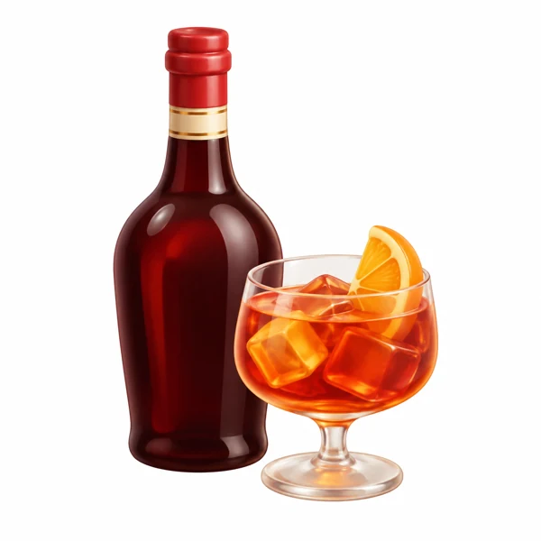 Dunkle Wermutflasche neben Aperitifglas mit Orangenscheibe als 3D-Illustration