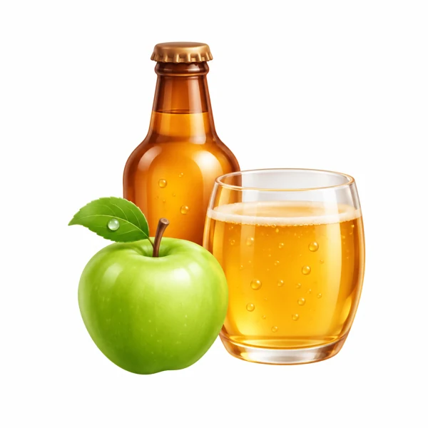 Ciderflasche und Glas neben grünem Apfel als 3D-Illustration
