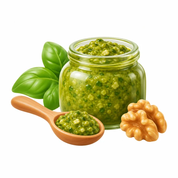 Glas mit grünem Pesto, Basilikumblatt und Löffel als 3D-Illustration