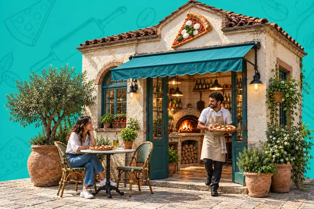 Pizzeria mit Pizza-Symbol, Steinofen, Pizzabäcker und Gast am Außentisch