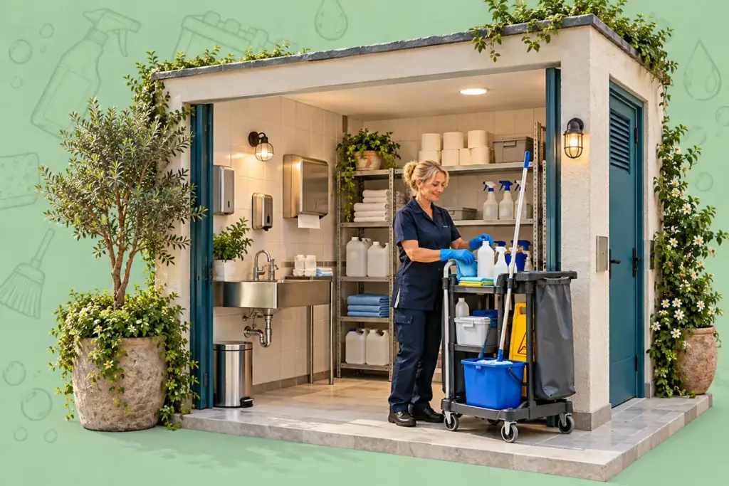 Hygieneraum mit Reinigungswagen, Waschbecken und Mitarbeiterin