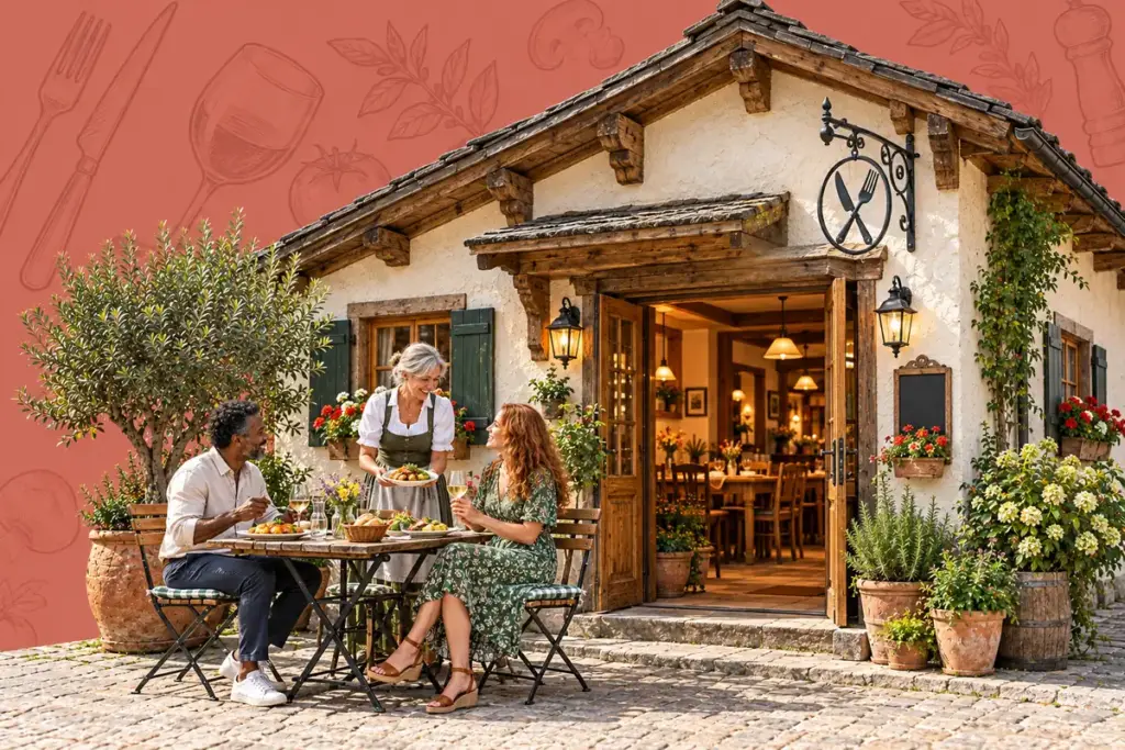 Gasthaus mit gedecktem Tisch, zwei Gästen und einer Gastgeberin