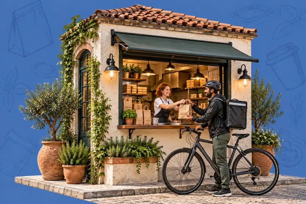 Abholfenster mit Speiseverpackungen, Mitarbeiterin und Fahrradkurier