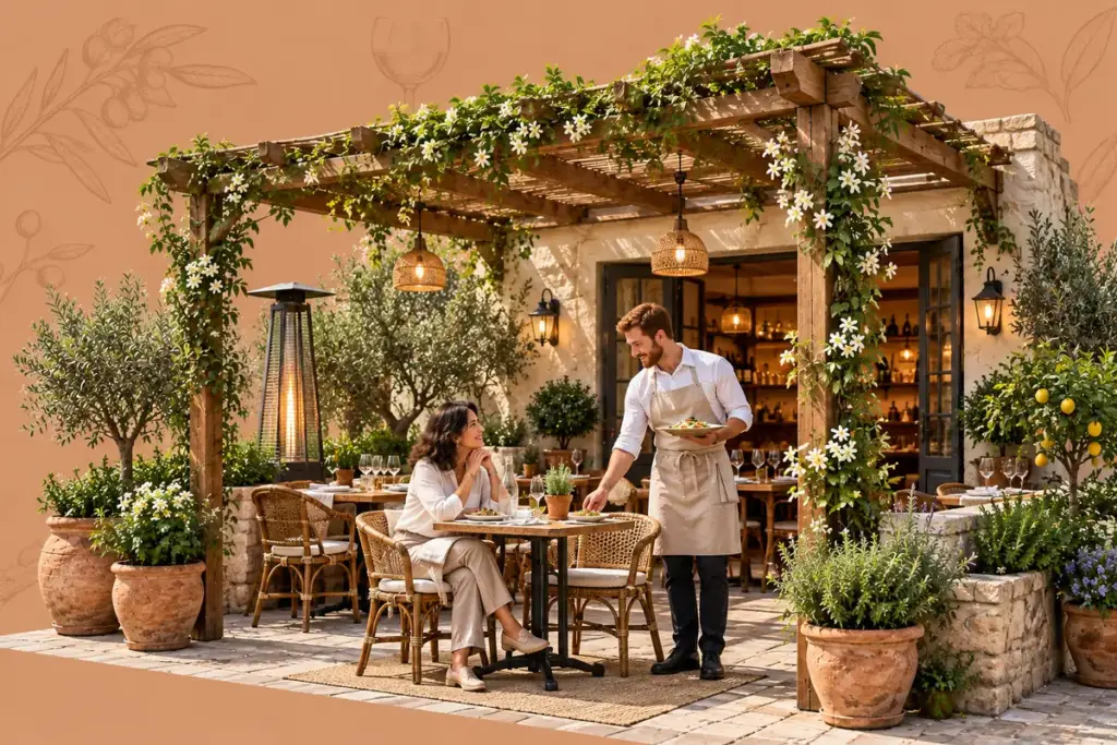 Gastgarten mit Pergola, gedeckten Tischen, Heizstrahler, Gast und Kellner