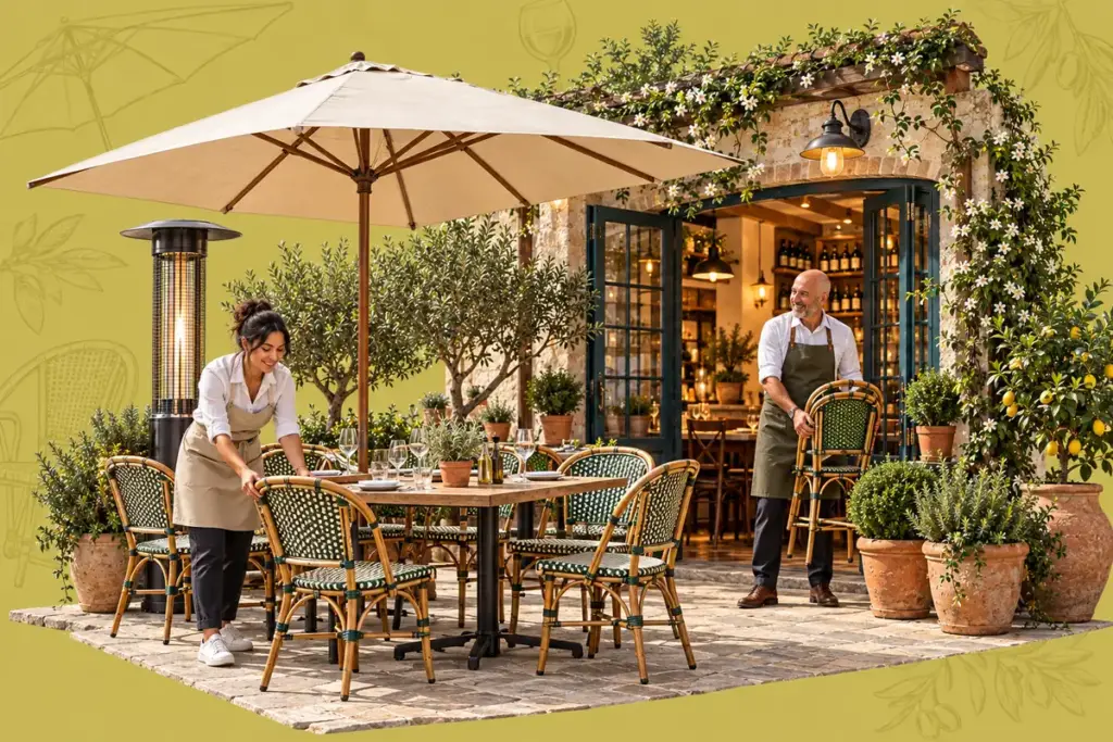 Terrassenausstattung mit Sonnenschirm, Heizstrahler und zwei Personen