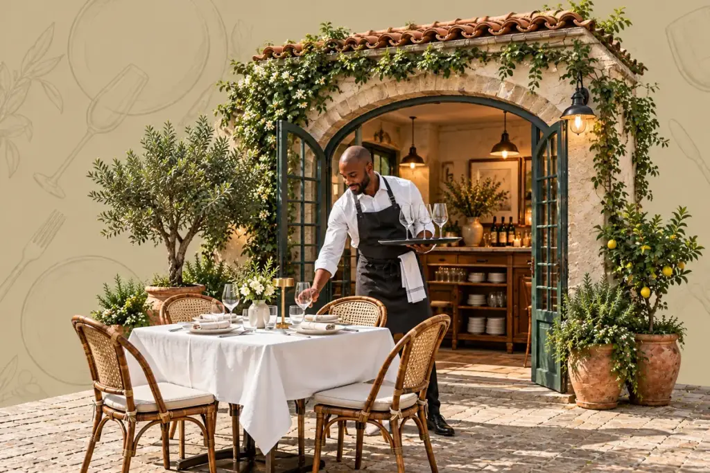 Gedeckter Restauranttisch mit Porzellan, Gläsern und einer Servicekraft