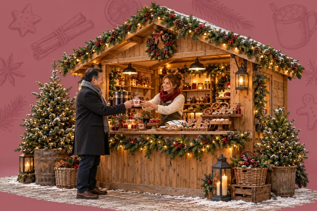 Weihnachtlicher Marktstand mit Gebäck, warmen Getränken und zwei Personen